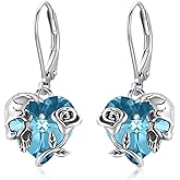 Rose Skull Earrings S925 Sterling Silver Heart Crystal Birthstone Dangle Drop Earrings Hypoallergenic Gothic Skull Leverback JJewelry Gift for Mom Daughter Wife