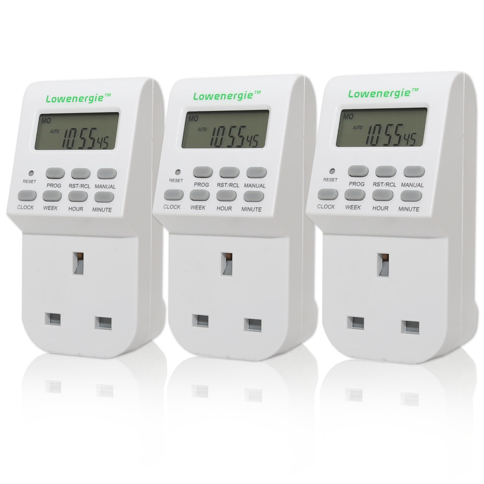 Lowenergie 7-Day Programmable Digital Plug-In Timer Socket (3 Pack) – 20 ON/OFF Settings, 1-Minute Accuracy, Battery Backup, Energy-Saving Home Appliance Controller
