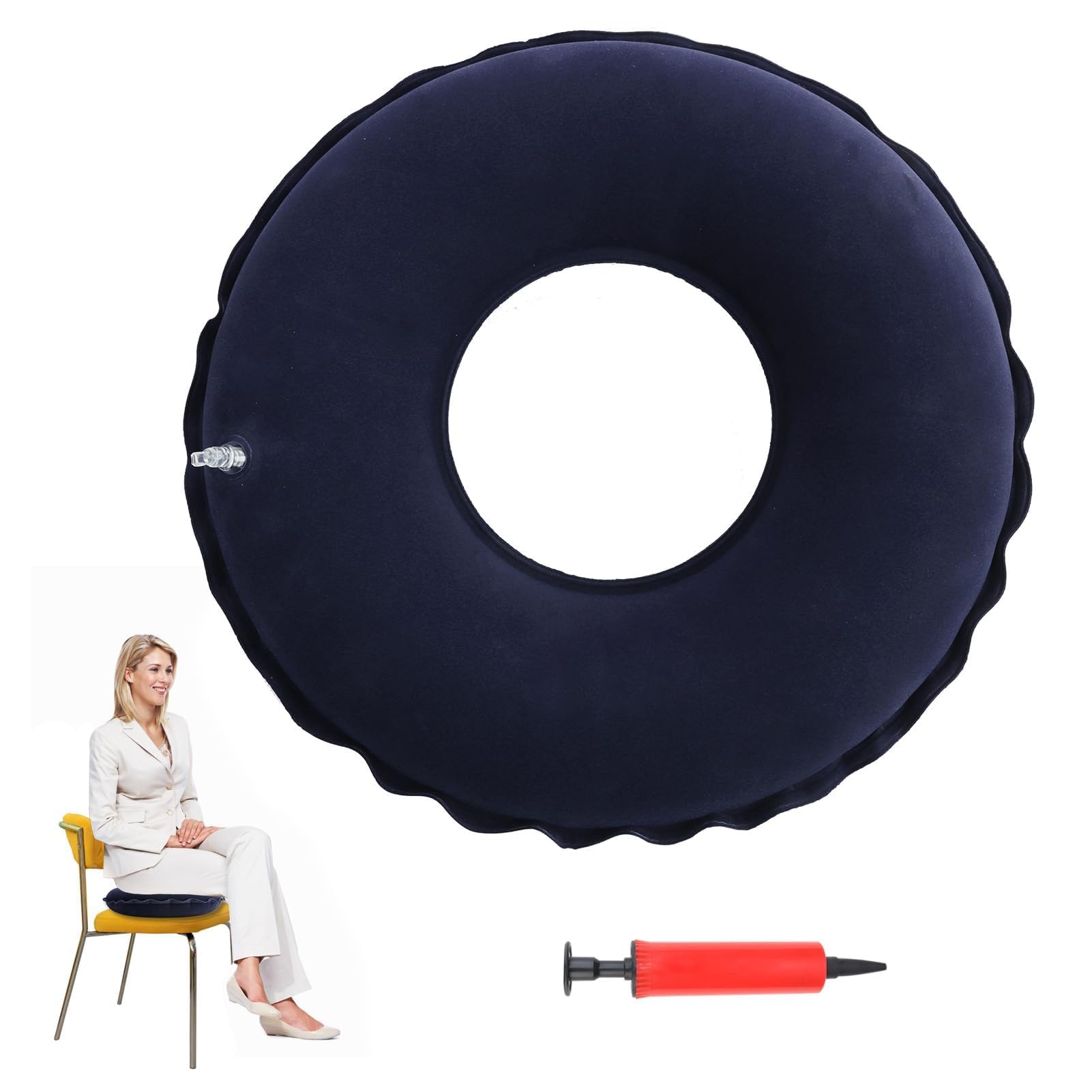 Inflatable Donut Cushion Seat, 14.96*14.96 in Round Air Cushion for Pressure Relief, Flocking Rubber Rings for Adults Elderly Prevent Bed Sores Hemorrhoid Tailbone Bottoms Pain Relief, with Air Pump