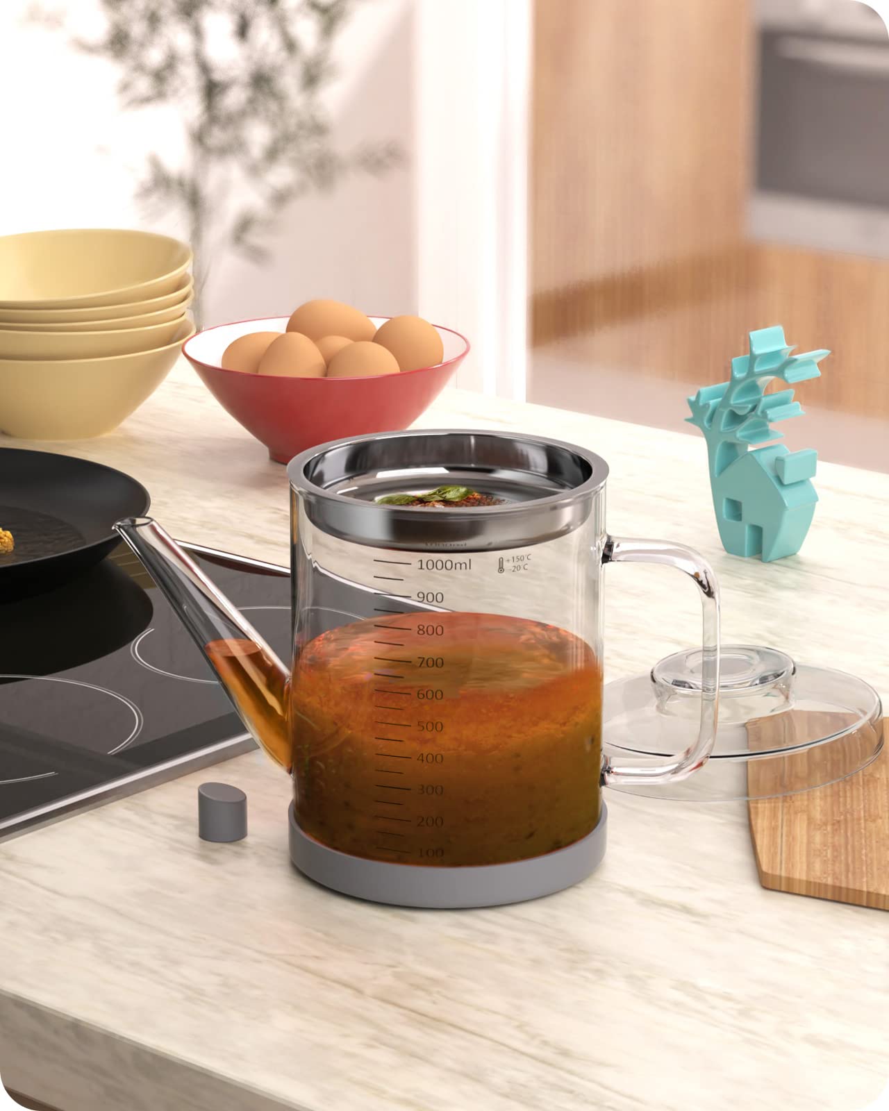 Photo 1 of Baffect Glass Fat Separator, Bacon Grease Container with Strainer, Frying Oil Storage Can for Cooking (1L /4 Cups)