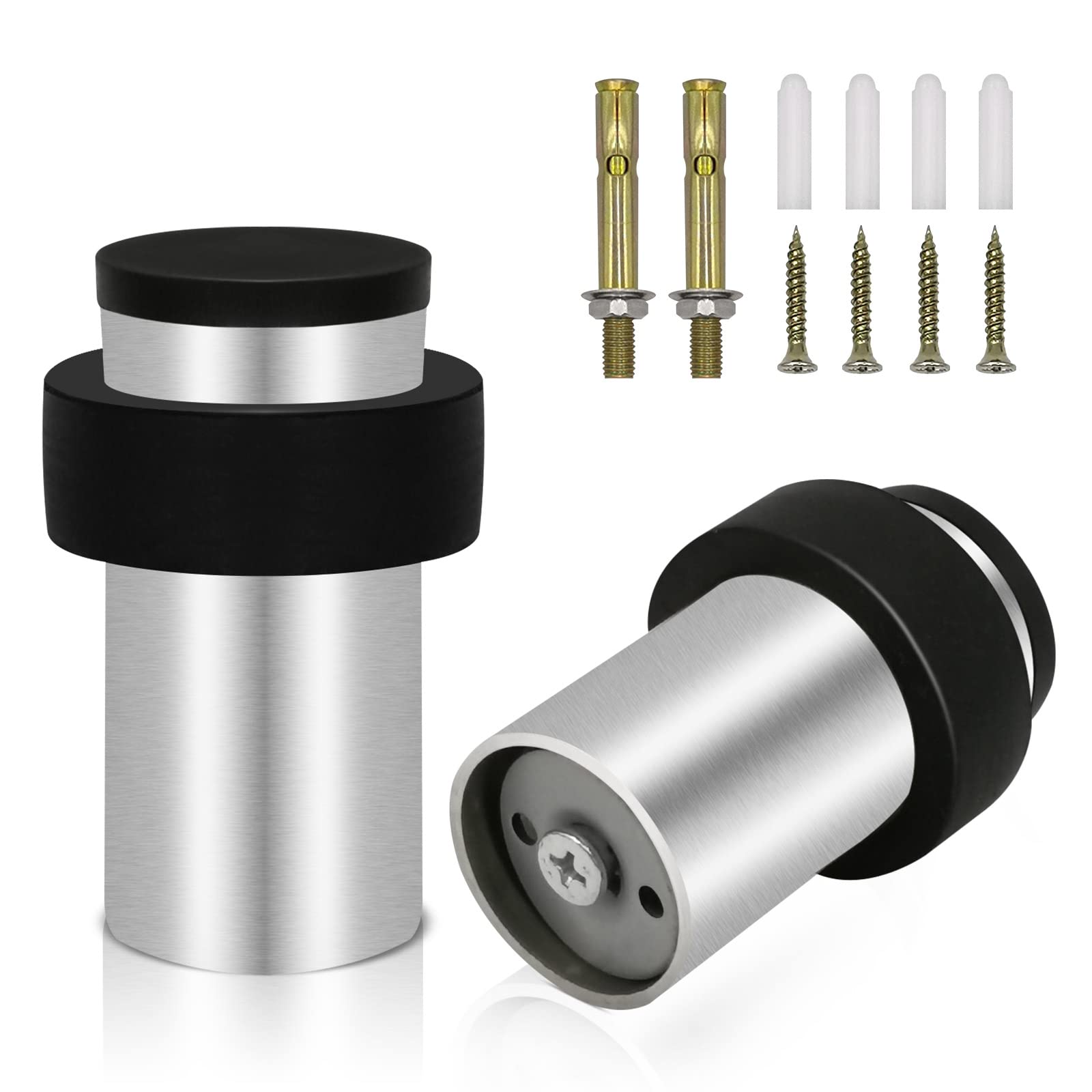 TOKPLNU Door Stop, Cylindrical Stoppers Floor Wall Mounted Heavy Duty Stopper Stainless Steel Commercial Stops Sound Dampening Rubber Doorstop Protector 64mm 2Pack,