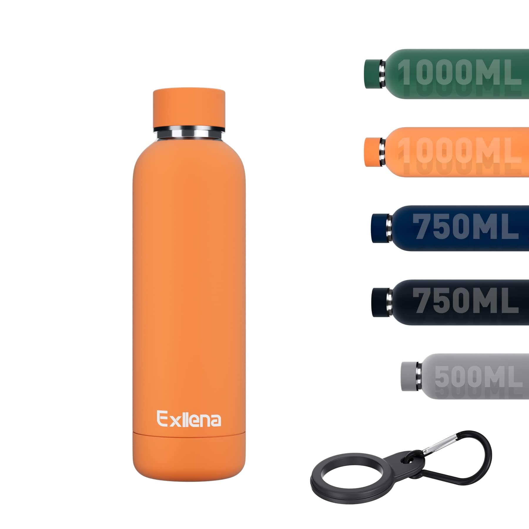 Exllena Insulated Water Bottle 500ml with Buckle, Double Wall Vacuum Insulated - 12 Hrs Hot/24 Hrs Cold, Stainless Steel - BPA Free (Orange)
