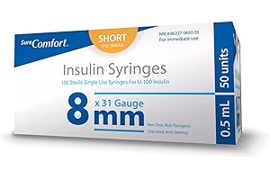 SureComfort U-100 Insulin Syringes 31G x 5/16" 1/2cc (8 mm), For Diabetes Care, Box of 100
