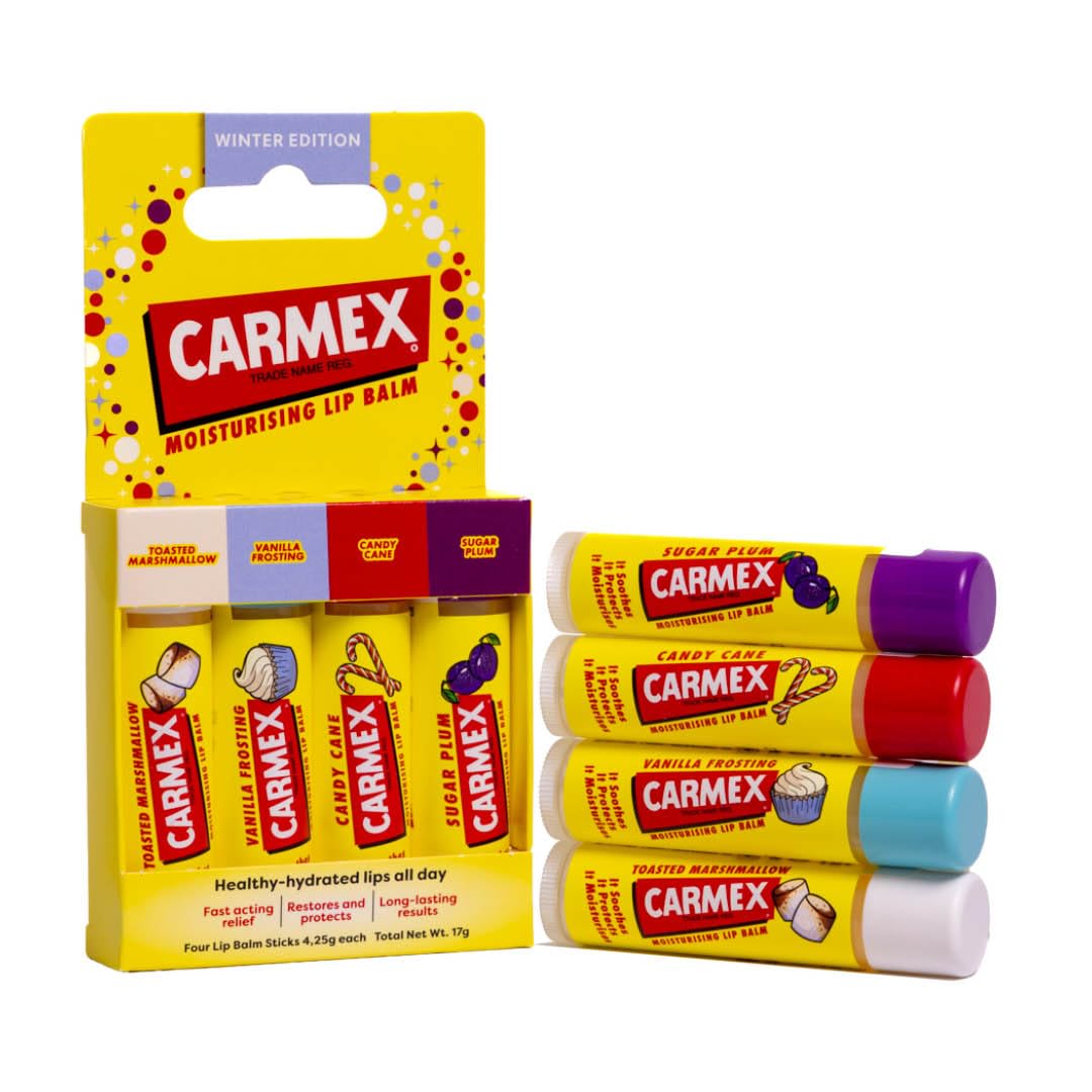 Carmex Lip Balm Set – Pack of 4 | Marshmallow, Vanilla, Candy Cane & Sugar Plum | 24H Hydration | Visibly Softer Lips After 1 Use | Travel-Friendly| Clinically Proven to Reduce Dryness & Fine Lines