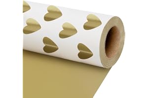 LaRibbons Reversible Valentines Wrapping Paper Roll, 17 Inch × 33 Feet Gift Wrapping Paper with Gold Heart on White Design, P