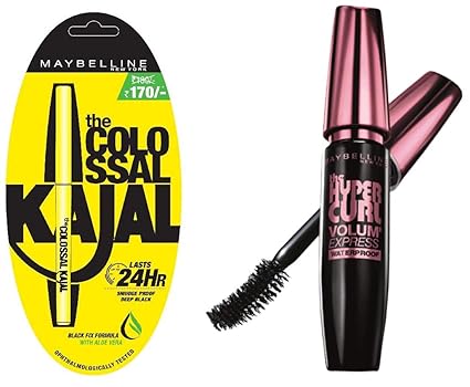 Maybelline New York Colossal Kajal, Black, 0.35g+Maybelline New York Hypercurl Mascara Waterproof, Black, 9.2ml