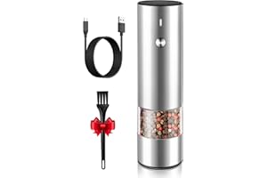 KTKUDY Electric Pepper Grinder or Salt Grinder Mill - USB Rechargeable - Durable Modern Style - Automatic Black Peppercorn or Sea Salt Spice Mill with Adjustable Coarseness - One Grinder Included