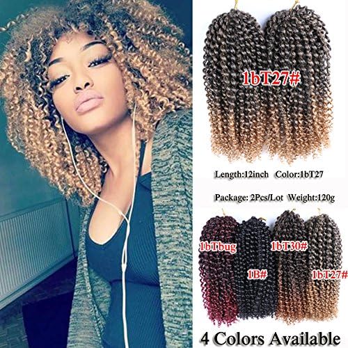 BeiSD 2Pcs/Pack 12'' 120g Afro Kinky Twist Hair Crochet Braids Natural Ombre Braiding Hair Synthetic Marlybob Curly Crochet Hair Pieces 4 Colors Available (1BT27)
