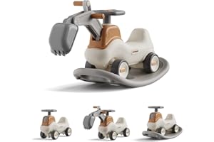 UNICOO® 4-in-1 Excavator Rocker n Ride, Ride-On Baby Balance Bike with Detachable Balance Board, Toddler Rocking Chair, Movable Arm, Ride On Toys for Toddlers 3-5, Indoor Outdoor (Gray & White)