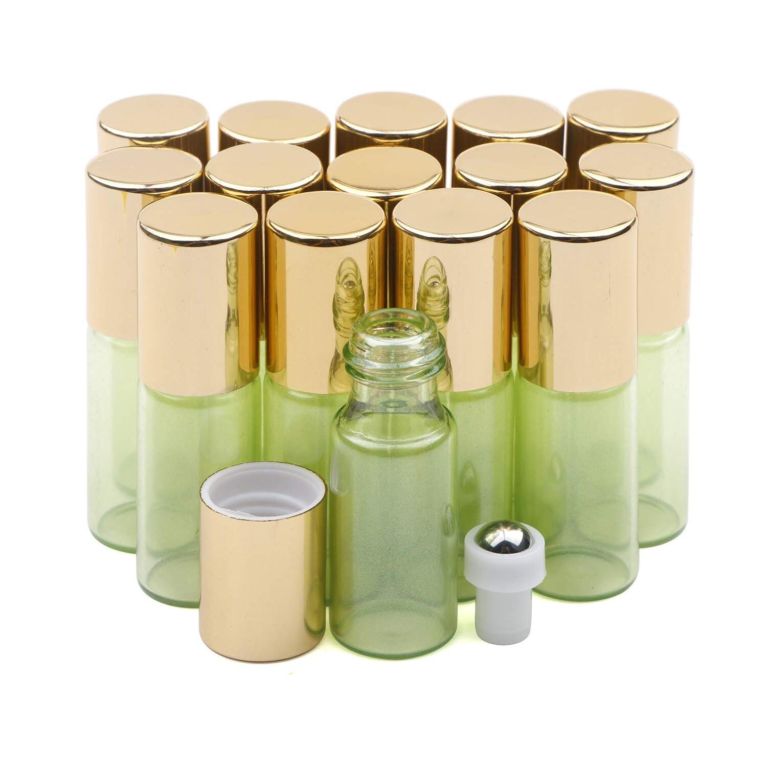 Kesell Glass Roller Bottles, 15 Pack Light Green 5ml Roller Bottles for Essential Oils with Stainless Steel Roller Balls and Opener