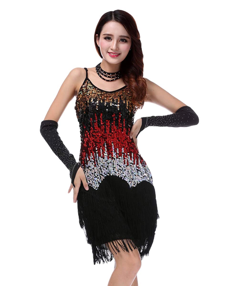 Grouptap 1920 Gatsby latin women dance sequin tassel fancy 1930 skirt dress red black salsa samba rumba ladies size 6/8/10/12 (Red Black, UK 6-12)