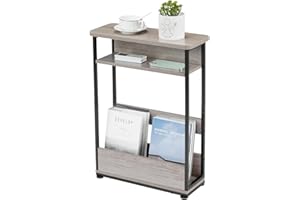 YEAKOO Vintage Narrow Side Table with Storage Shelf, 3 Tier Slim End Table Modern Sofa Table for Narrow and Small Spaces, 24.6 Inch Height Bedside Table Small Nightstand with Magazine Rack (Oak)