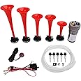 FARBIN Musical Horn 5 Trumpet Music Sound Air Horn with Compressor Play Lacucaracha Melody Red 12V 150db for Train Truck Car Boat RV UTV Motorcycle (LACUKARACHA Musical Horns Kit)