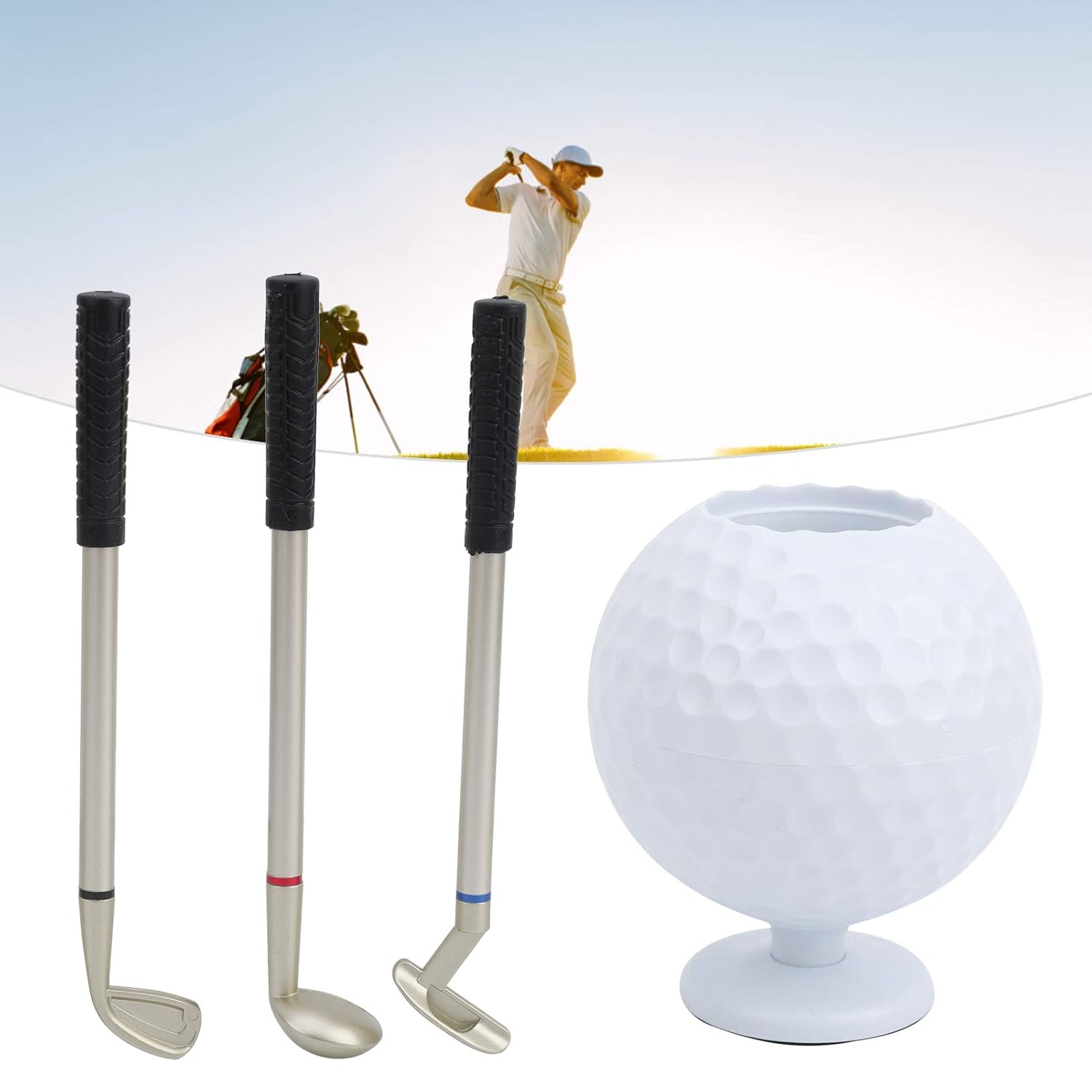 Ball Pen Holder, Pen Holder Set Plastic Golfer Set Desktop Holding Stand Mini Ball Pen Holder
