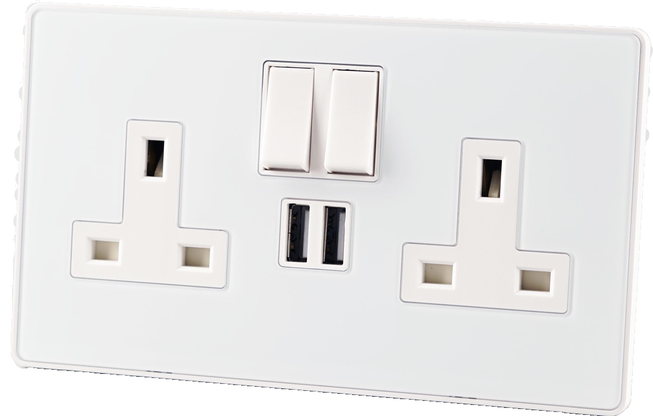 WK Electrical - Screwless Double Switched Socket with USB – BS1363 Certified, Piano Glass Front, 13A Twin UK Outlet with 2 x USB Ports (2400mA), Antimicrobial Switch, White – Fits 25mm Back Box