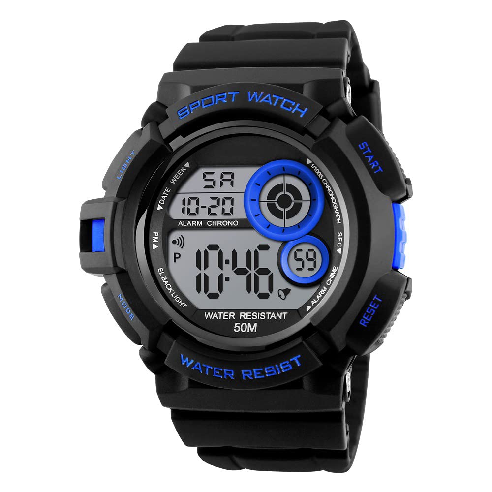 FeiWen Multifunction Waterproof Watches for Men LED Multicolor Back Light Outdoor Military Digital Sports Plastic Wristwatch with Rubber Strap Large Dial Simple Design