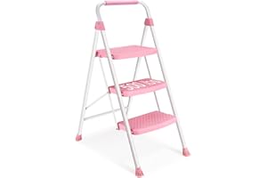 SocTone 3 Step Ladder, Folding Step Stool with Handle, Wide Anti-Slip Pedal, Lightweight, Multi-Use for Household and Office, 500lbs Capacity Sturdy Steel Ladder, PINK
