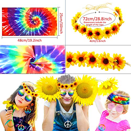8 Pieces Hippie Accessories Hippie Halloween Costume Set Hippie Sunglasses Peace Sign Pendant Tie Dye Headband Bandana Peace Sign Earrings
