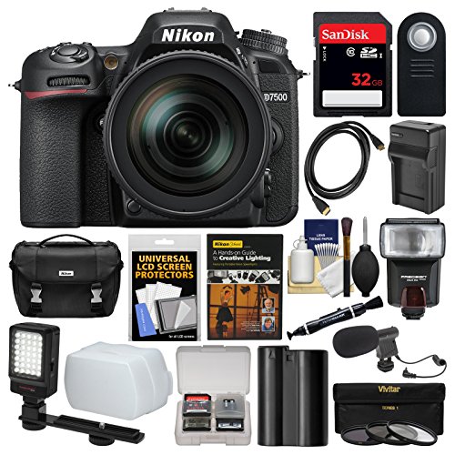 Nikon D7500 Wi-Fi 4K Digital SLR Camera with 18-300mm VR DX Lens, Case & 32GB Card + Flash + Mic + Video Light + Battery & Charger + 3 Filters Kit