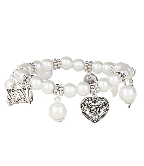 SIX Armband: Glamouröses Perlenarmband mit weißen Perlen und silbernen Anhängern, perfektes Accessoire zu Dirndl oder Bluse (