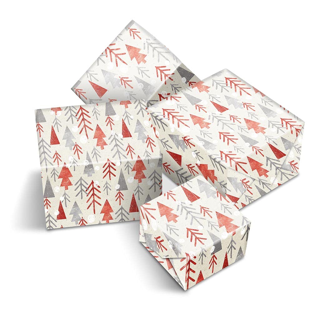 4 x Large Wrapping Paper Sheets - Red & Grey Rustic Trees Forest Winter Thick Gift Wrap Secret Santa Men's Women's Mum Dad Boyfriend Husband Kids #170129