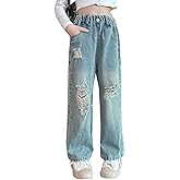 AOWKULAE Girls Jeans Elastic Waist Wide Leg Pants Kids Jeans 4-14 Years