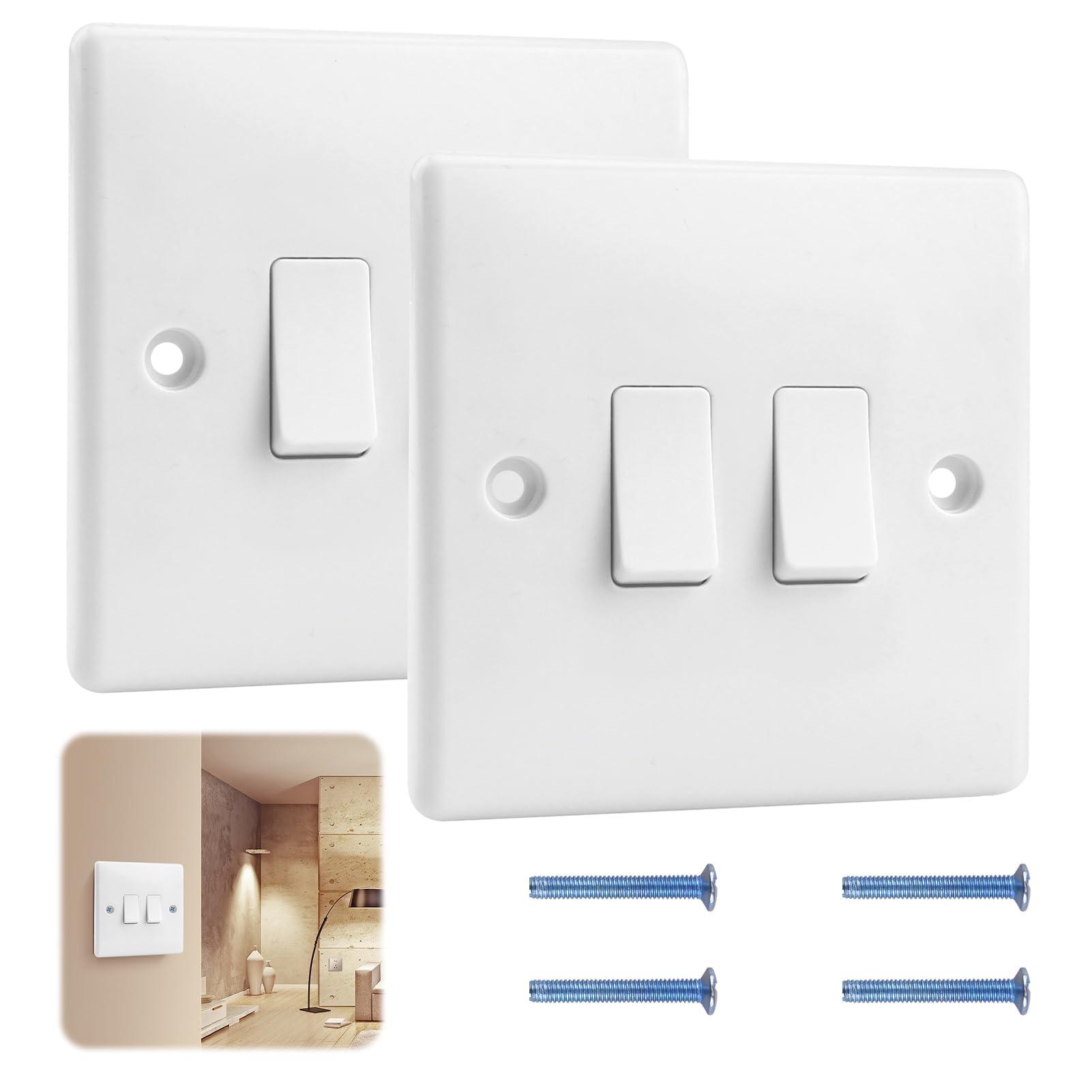 2Pcs 2 Gang 2 Way Electric Light Switch Cover, White Round Edges Wall Light Switches 250V 10Amp Double Wall Switch Easy Installation for Home Office Hotel etc