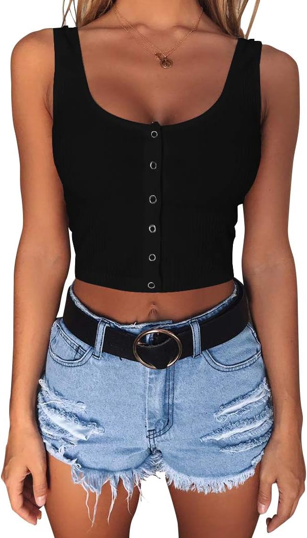 Women's Casual Sleeveless Button-Down Shirts Basic Camisole Crop Tank Tops