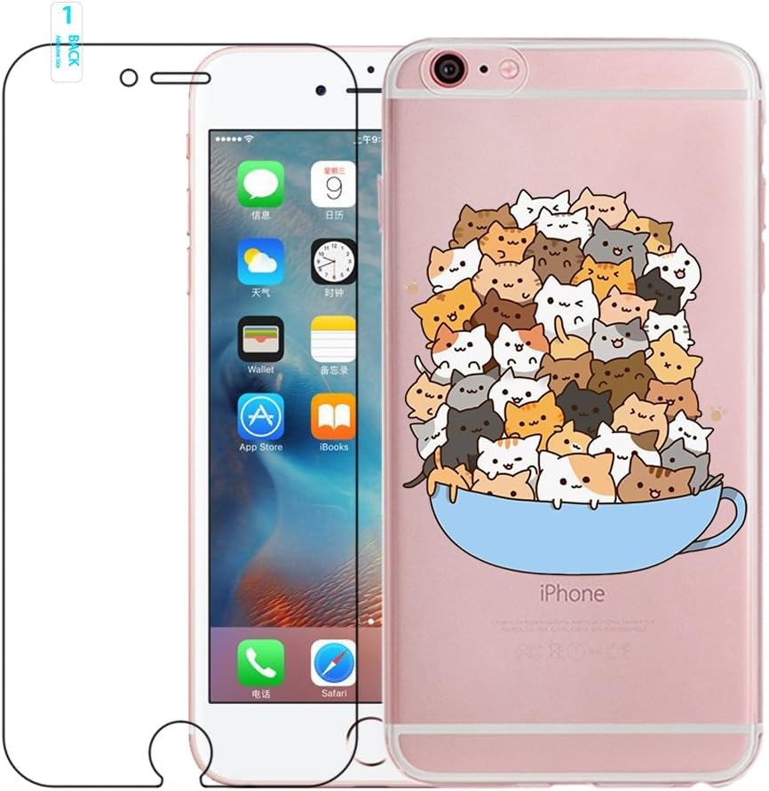 blossom01 iPhone 6 Case, iPhone 6S Case with Tempered Glass Screen Protector, Crystal Clear Soft Silicone Gel TPU Case Cute Cartoon Scratch Resistant Protective Cover for iPhone 6 / 6S - Cat