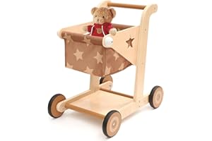 Asweets 2 in 1 Wooden Baby Walker Push and Pull Doll Stroller, Shopping Cart Learning Walker for Boys and Girls, Sit Stand Learning Toddler Toy (Brown)