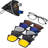 Tissting Magnetic Clip on Sunglasses with 5 Interchangeable Lenses - Retro Rectangular Eyeglasses for Men and Women, Night Driving Glasses with Stylish Frame, Lightweight and Practical Design