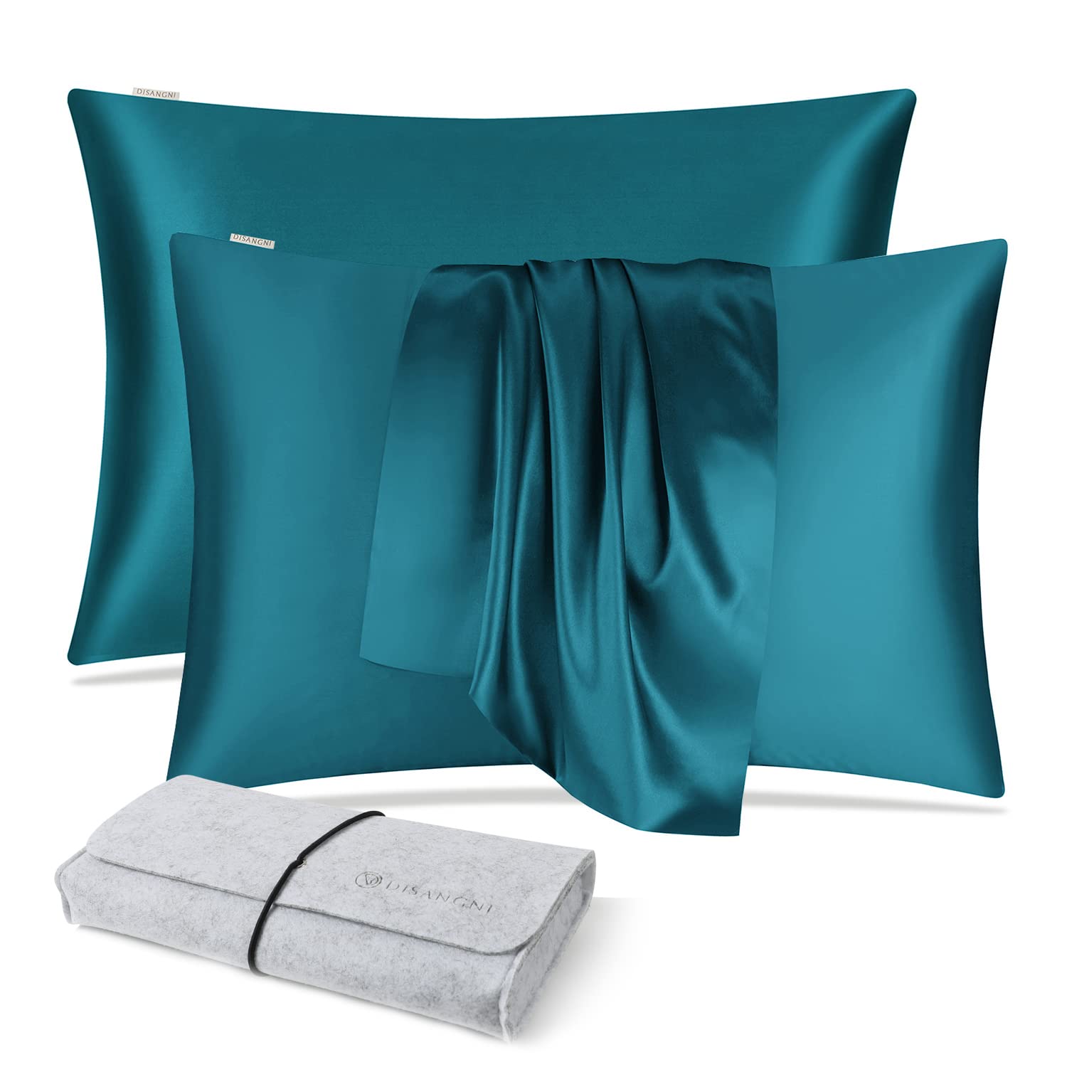 DISANGNI 100% Natural Mulberry Silk Pillow case for Hair and Skin with Hidden Zipper 22 Momme Both Sides Real Silk Pillow Case (2pc 51x66cm, Blue Green)