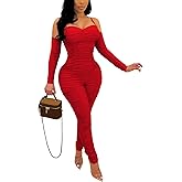 WOKANSE Women's Sexy Ruched One Piece Bodycon Cold Shoulder Long Sleeves Solid Jumpsuits Long Pants Romper