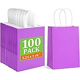 BagDream 5.25x3x8 Inch 100Pcs Purple Gift Bags with Handles Small Kraft Paper Bags Bulk for Welcome Party Favors, Baby Shower, Goody, Treat, Retail, Grocery Paper Sacks