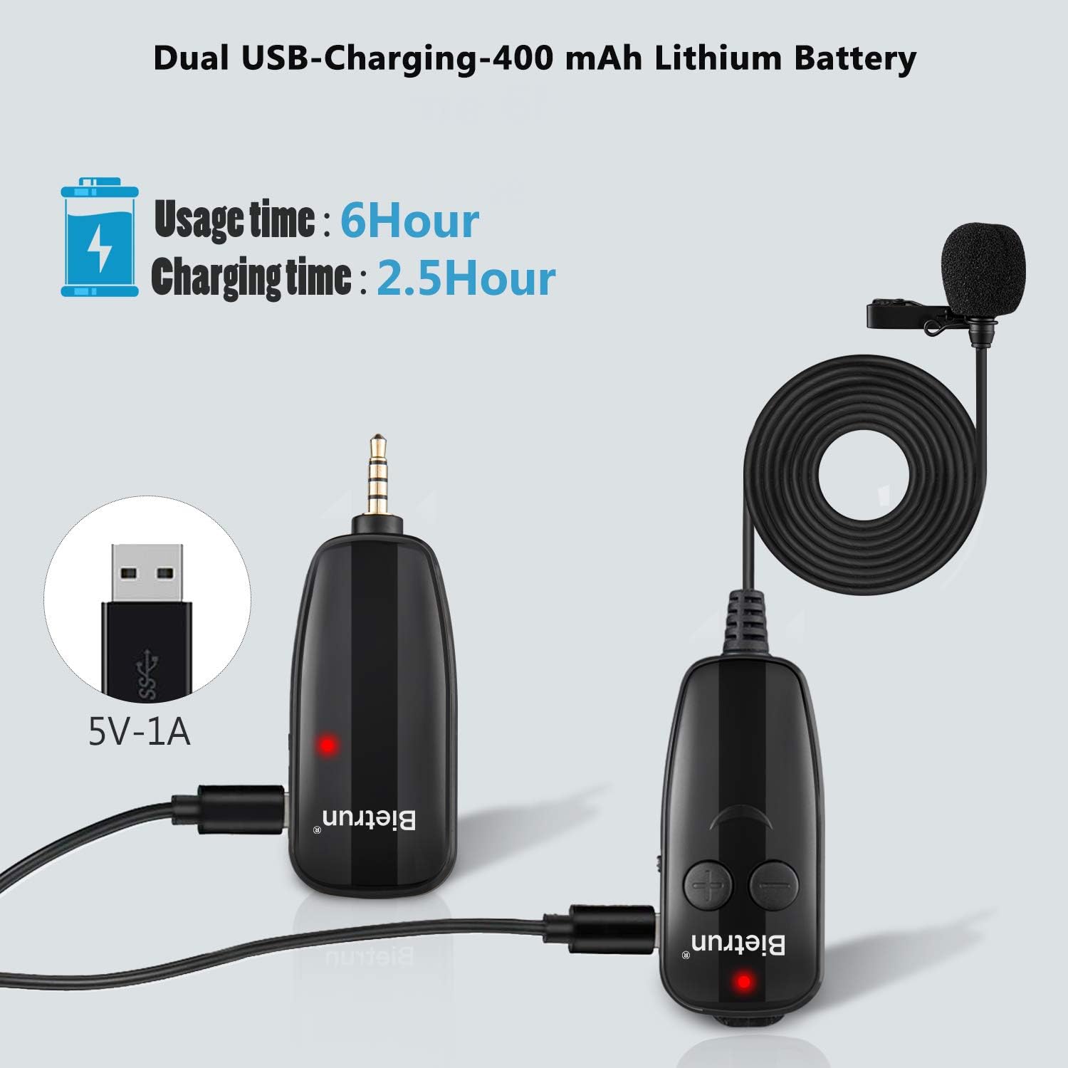 Wireless Lavalier Lapel Microphone, New Upgrade, Portable Rechargeable UHF Wireless Lav Mic System, 65 ft Range, 1/8" Output, for Apple iPhone, Samsung, Android Phone, Ipad, DSLR Camera, Recording