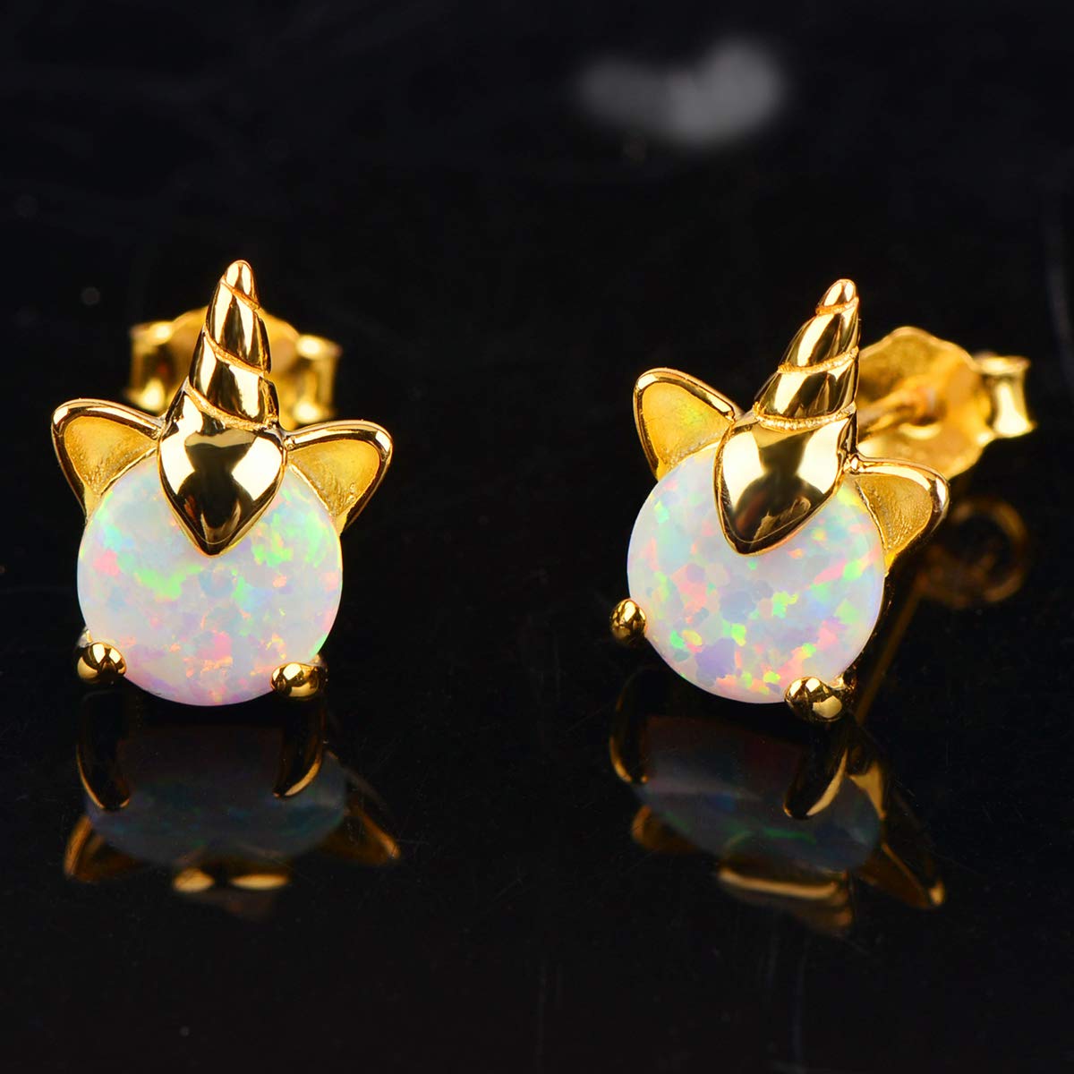 Unicorn Earrings for Girls, Hypoallergenic Fire Opal Stud Earrings ARSKRO S925 Sterling Silver with Gold Mini Tiny Cute Earring Jewelry Gifts for Kids Women