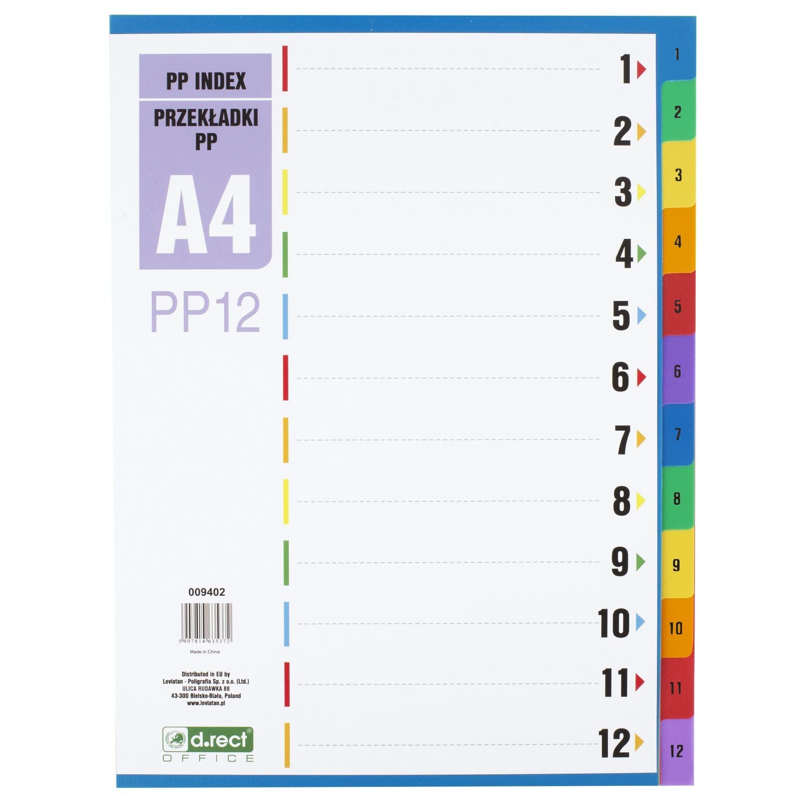 D.RECT A4 Index Dividers 1-12 - PP Dividers with Colour Indexes - Multicoloured - Universal Punching for All Folders - Document & Document Tabs