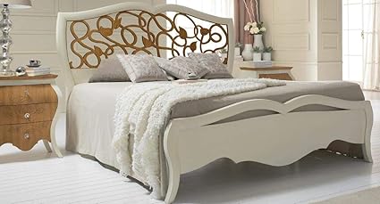Dafne Italian Design Cama De Matrimonio Perforada Color Marfil Decoracion De Hojas De Madera Clara 133