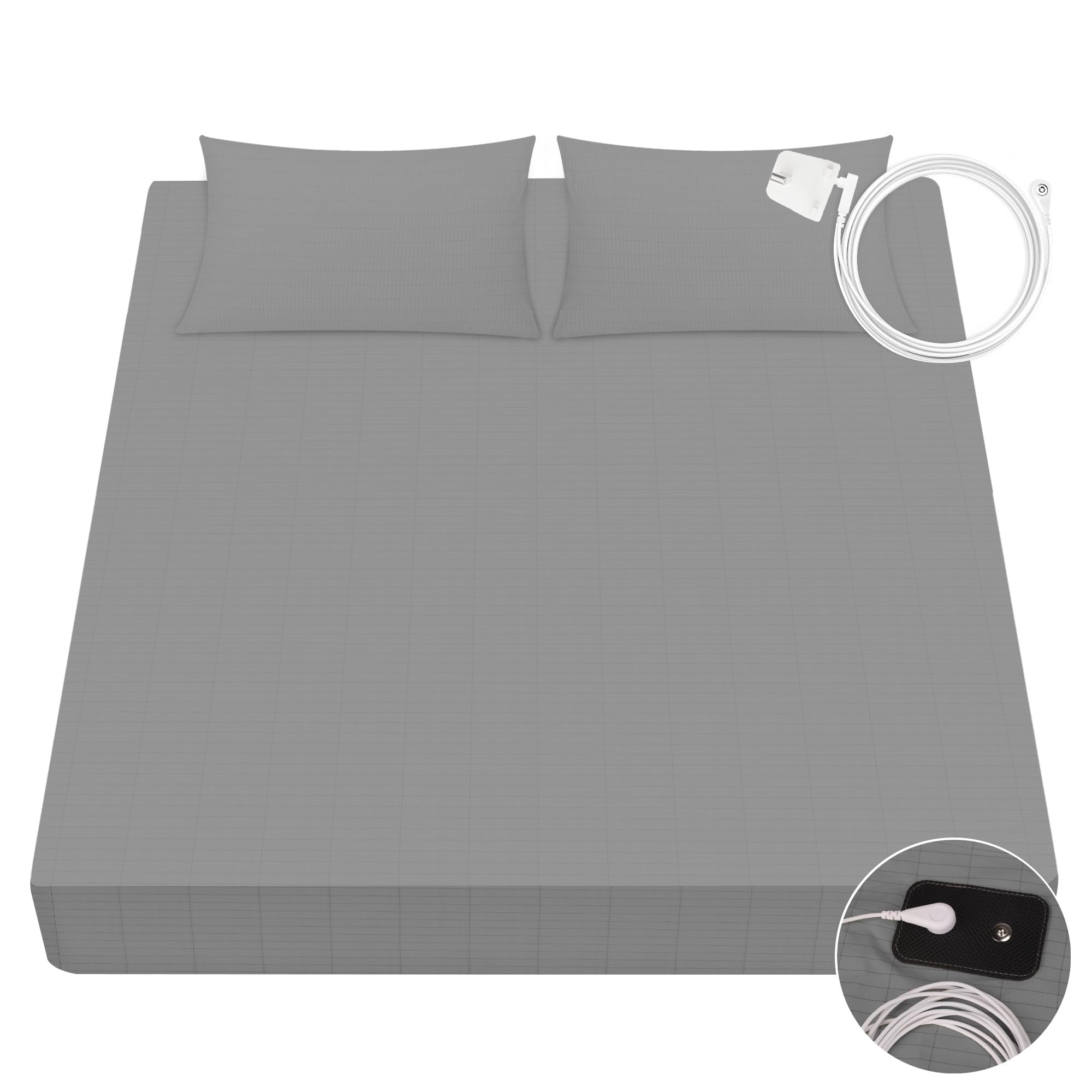 VigorVortex Grounding Fitted Sheets King Improve Sleep Grounding Sheet 90% Organic Cotton and 10% Silver Fiber with Grounding Cord 152x203x31cm Gray