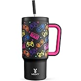 Meoky 24 oz Tumbler with Handle for Kids: Glow in the Dark Tumbler with Lid and Straw - Keeps Cold for 24 hours - Stainless Steel Travel Mug BPA-Free for Travel Car Cupholders - Boys Students, Game