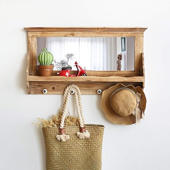 Perchero de Pared, Retro Multifuncional 4 Ganchos Vestidor Espejo