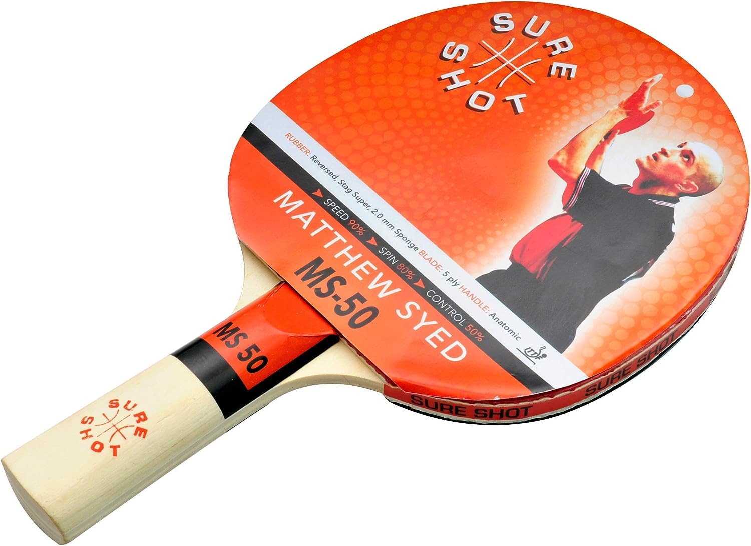 Sure Shot Matthew Syed MS-50 Table Tennis & Ping Pong Bat – Professional Table Tennis Racket – ITTF Approved – Enhanced Spin, Speed & Control – 2.0mm Stag Super Rubber – Best Price & Quality