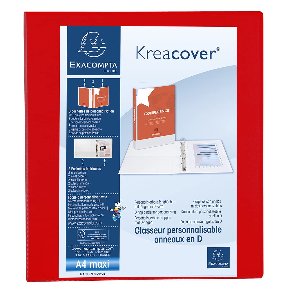 Exacompta - ref. 51843RE - 1 customizable rigid opaque binder with 3 pockets - 4 D-rings of 40 mm - Spine 64 mm - External dimensions: 32 x 28.5 cm - Format to be filed A4 Maxi - Colour: red