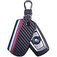 JKCOVER Key Fob Holder Protector Compatible with BMW Remote Fob, M-Colored Stripe Black Carbon Fiber Pattern Leather Key Cover with Keychain (for 1 2 3 4 5 6 7 Series X3)
