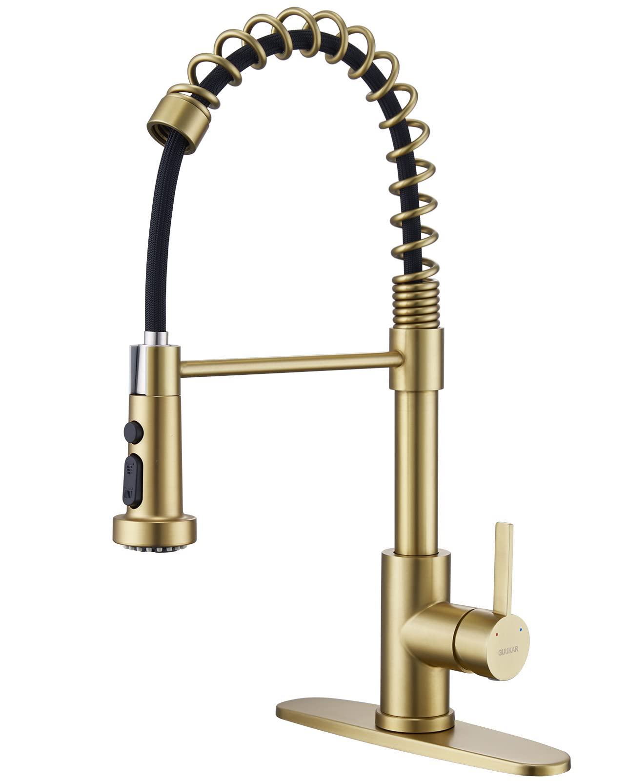 Photo 1 of GUUKAR Gold Kitchen Faucet with Pull Down Sprayer, Single Handle Brushed Gold Faucet for Kitchen Sink, Commercial Farmhouse Kitchen Faucet with Deck Plate