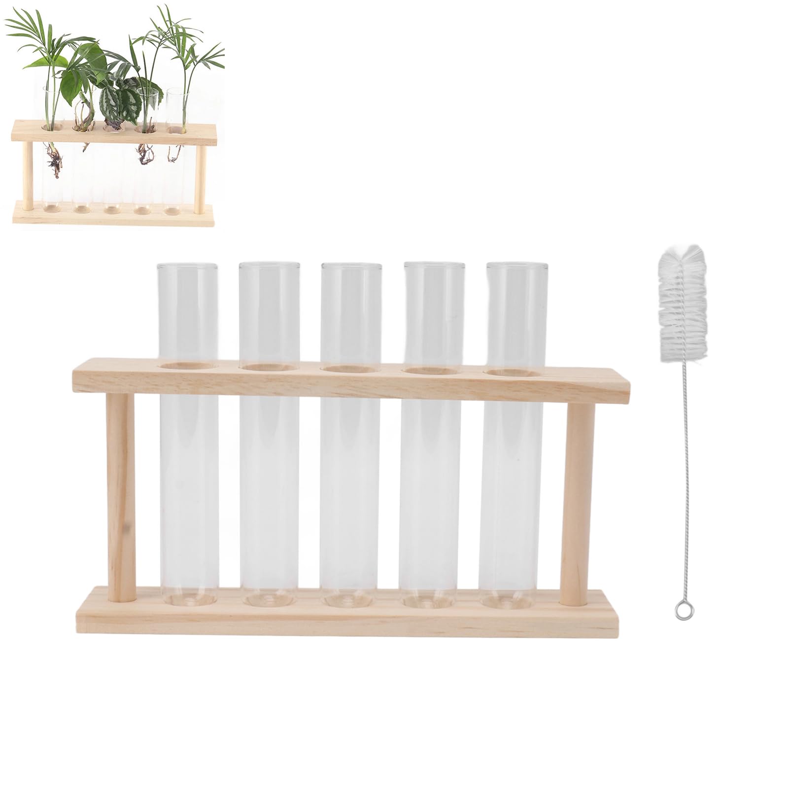 Glass Planter Propagation Station, 5 Test Tube Flower Bud Vase with Wooden Stand Rack for Hydroponics Plants for Home Garden Office Decor Modern Indoor Planters