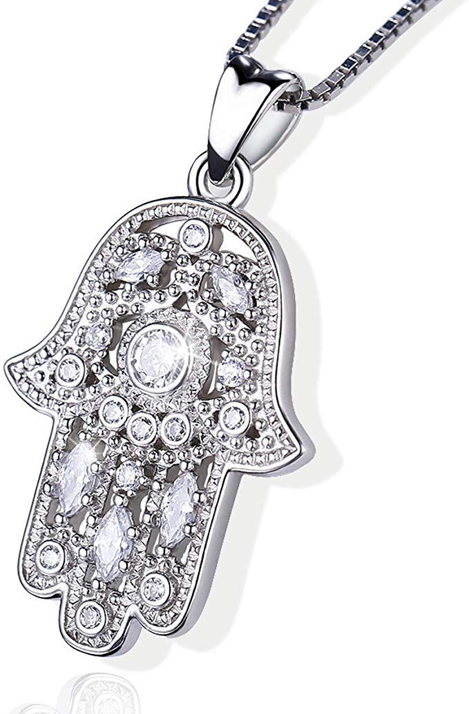 Hamsa Hand Necklace,925 Sterling Silver Pendant Jewelry for Women Men,Vintage Hand of Fatima Evil Eye Necklaces Pendant Jewelry Gift,Sacred Lotus Charm Women's Path of Symbols Success Friendship