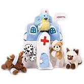 Plush Animal Hospital House with Animals - Five (5) Stuffed Injured Animals (Bear, Dalmatian, Cat, Bird, Moose) in Play Hospital Carrying Case