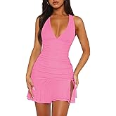Women Sexy Halter Deep V Neck Ruched Bodycon Dress Summer Side Slit Mesh Hem Cocktail Club Party Short Mini Dresses