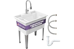 Freestanding Utility Sink with Gooseneck Faucet - 32" Plastic Utility Sink with Steel Legs for Garage, Laundry, Indoor and Oudoor Use - Laundry Tub Kit by Noah William Home - White (25.6 gal)